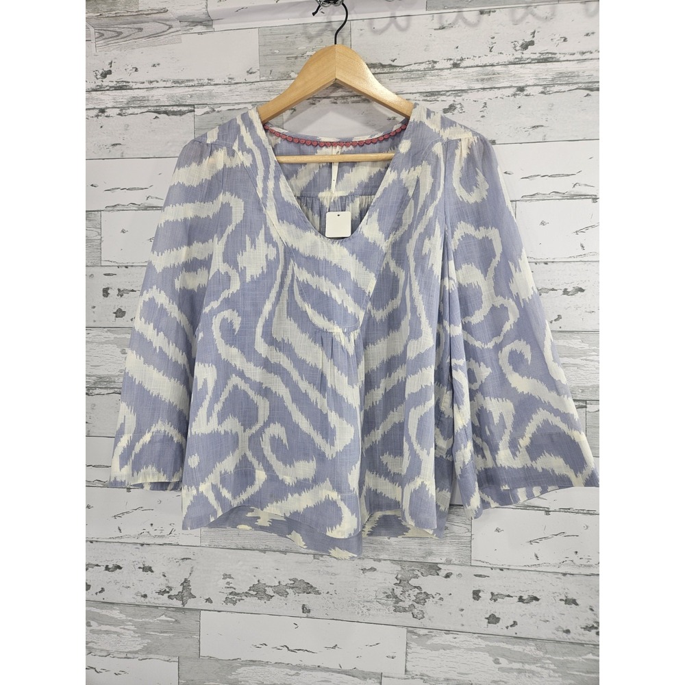 Anthropologie Women Blue White Ikat Pom Pom Trim V-Neck Bell Sleeve Blouse S